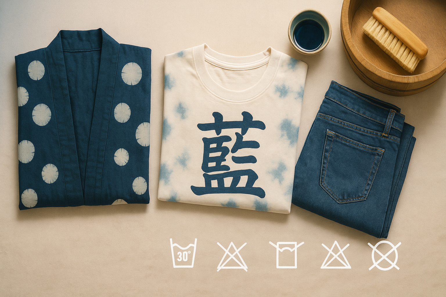 คู่มือดูแลผ้าคราม: แยกผ้า ซักน้ำเย็น ตากในที่ร่ม / Indigo care: cold wash, shade dry